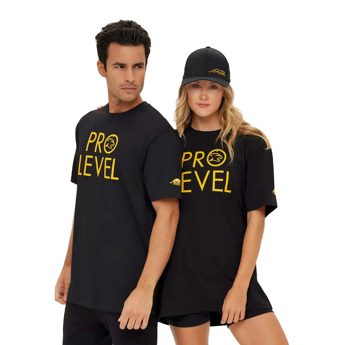 Two people wearing 'PRO LEVEL' t-shirts