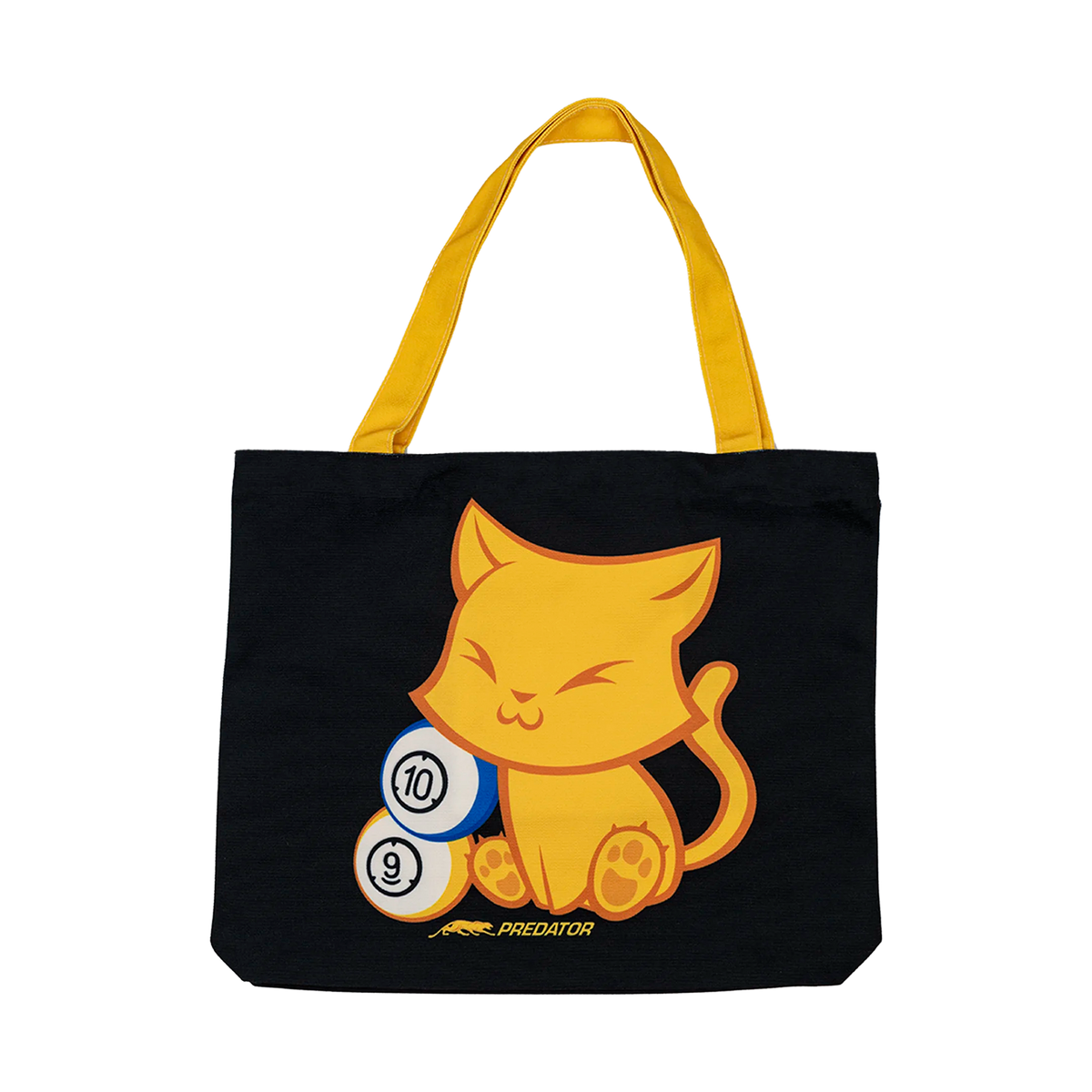 Black tote bag with a yellow cat design