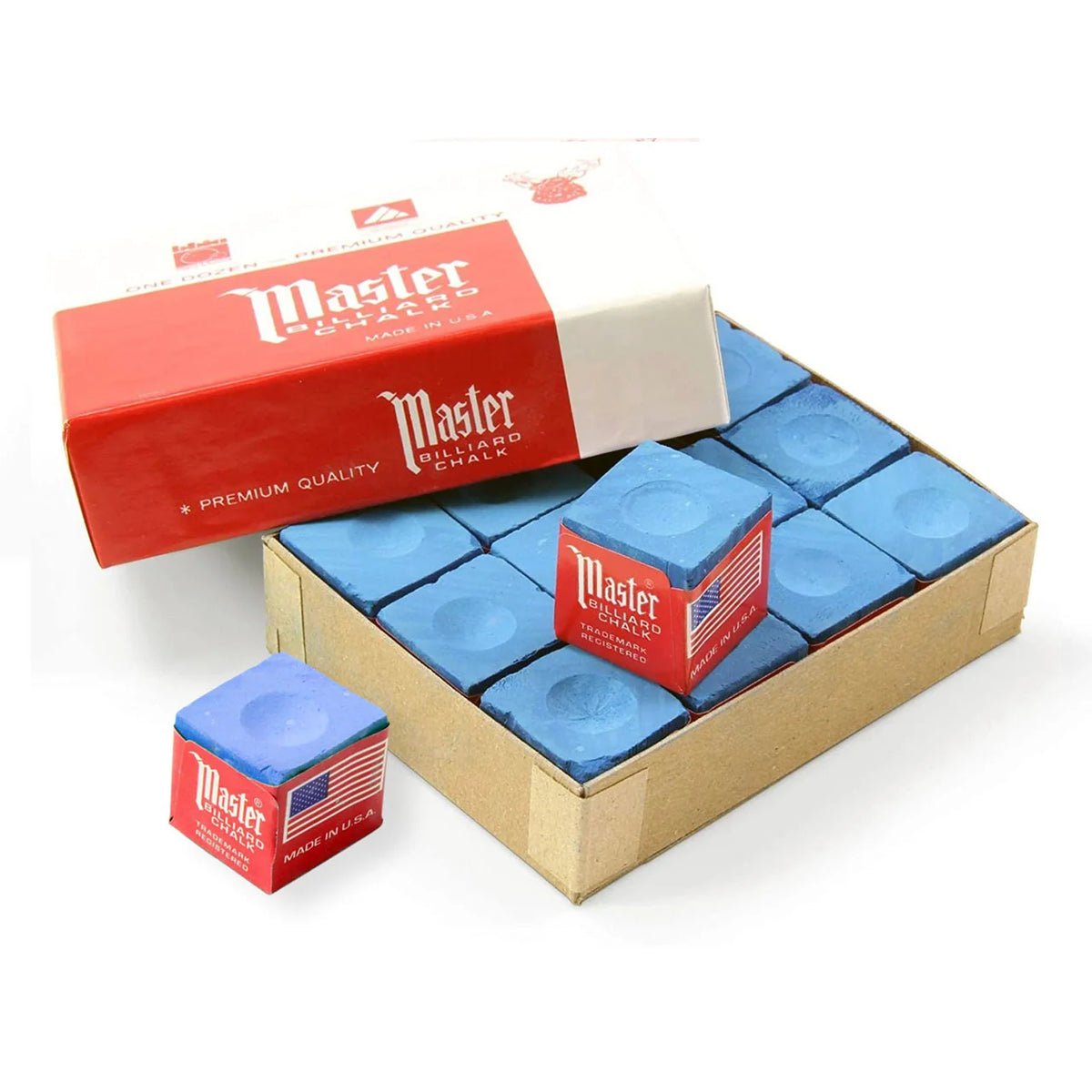 Master Blue Billiard Chalk, 12 Pieces, in Open Box with Lid and Two Loose Cubes