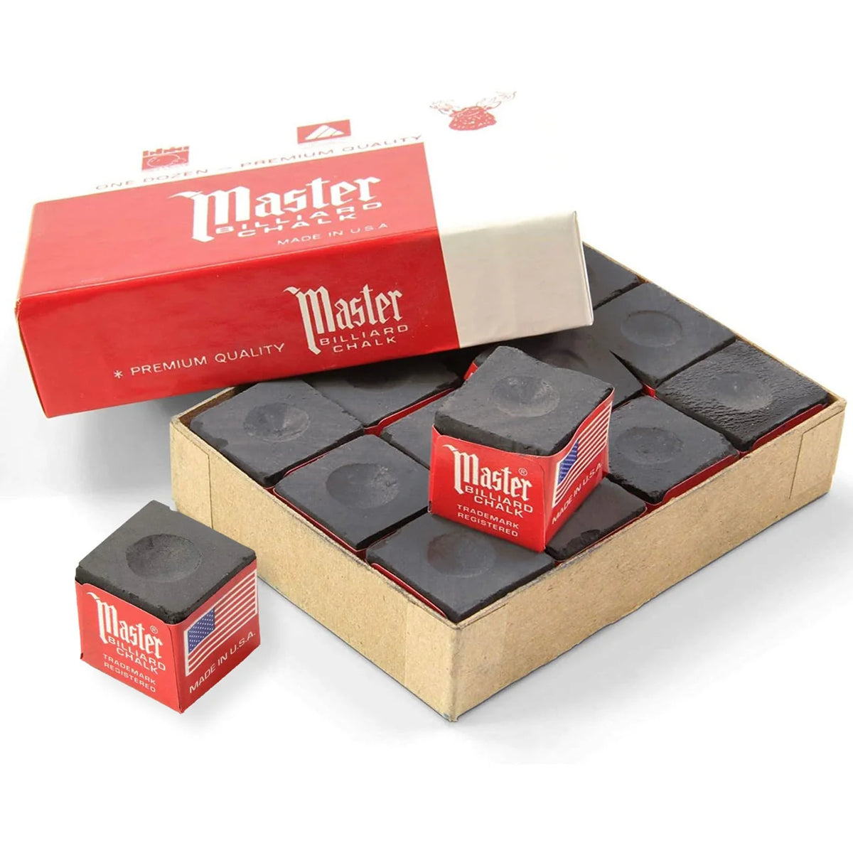 Master Black Billiard Chalk, 12 Pieces, in Open Box with Lid and Two Loose Cubes
