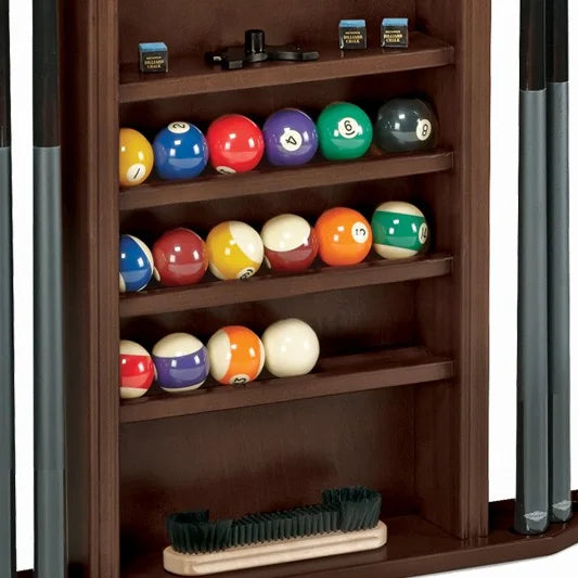 Brunswick Heritage Wall Rack Shelves in Espresso Holding Pool Balls, Chalk and a Brush
