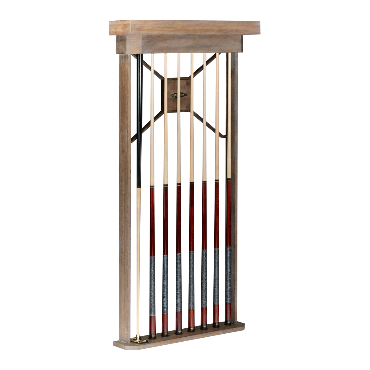 Brunswick Dameron Cue Wall Rack in Nutmeg Holding Eight Cues and a Bridge