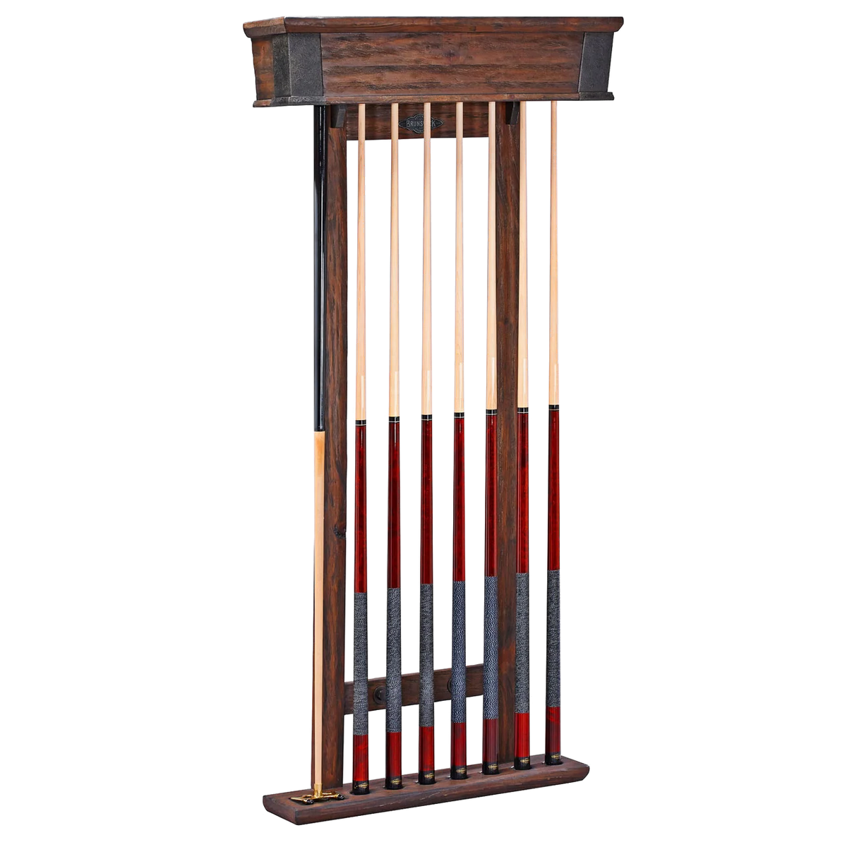 Brunswick Canton Cue Wall Rack in Black Forest Holding Eight Cues and a Bridge