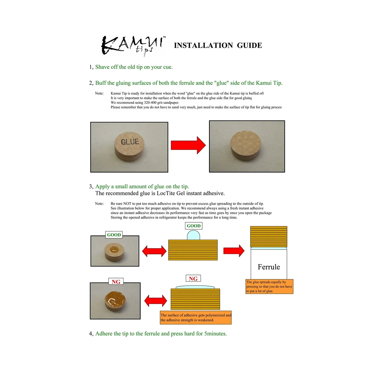 Kamui Tips Installation Guide Showing How to Buff, Glue and Attach a Cue Tip