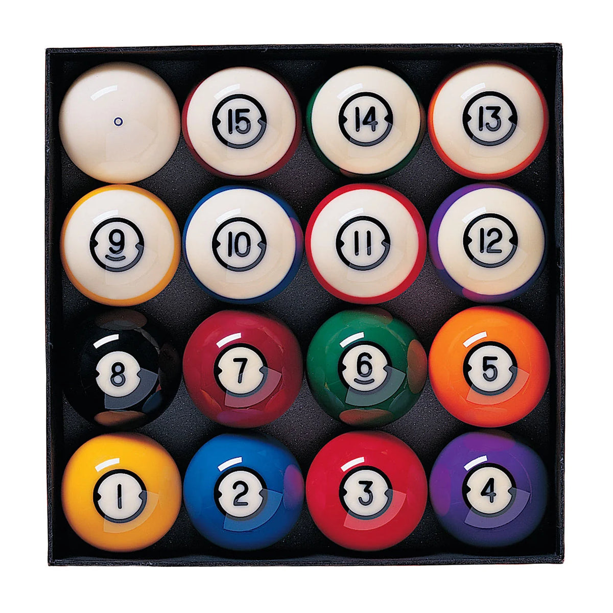 Brunswick Centennial Pool Ball Set, 16 Balls in a Black Box, Seen from Above