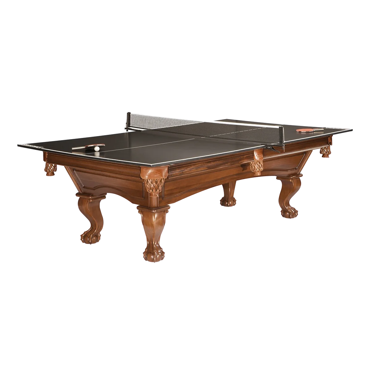 Brunswick Table Tennis Conversion Top on a Claw-Foot Wooden Pool Table With Net and Paddles