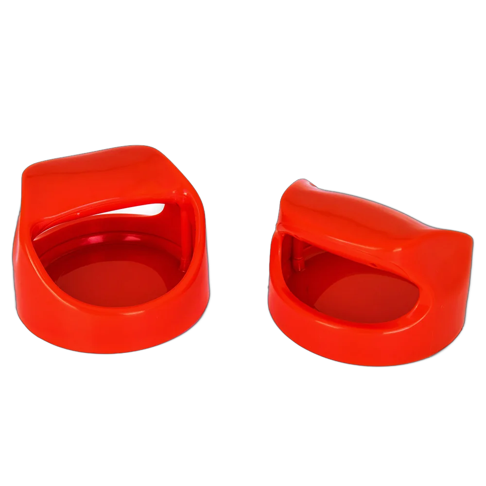 Two Red Air Hockey Mallets with Curved Hand Grips