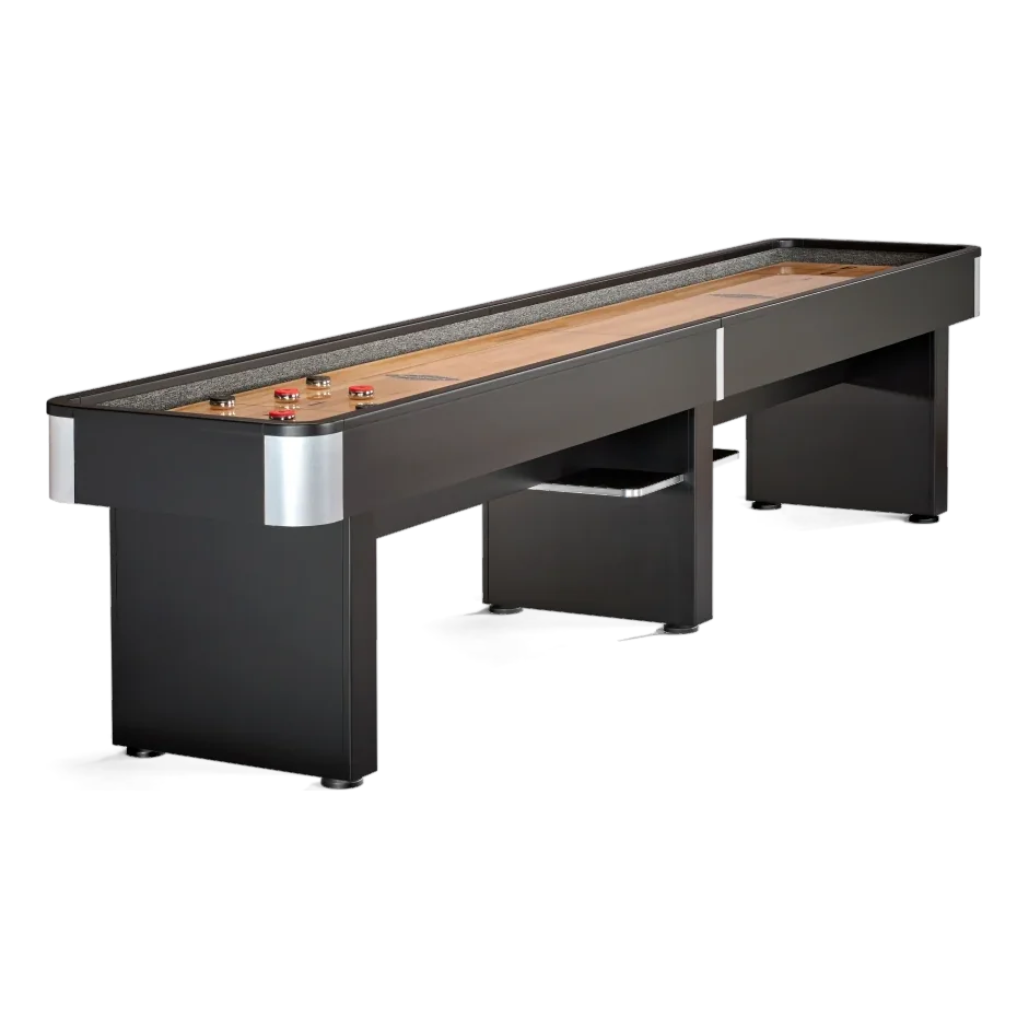 Brunswick Delray Matte Black 12ft Shuffleboard Table With Red and Black Pucks