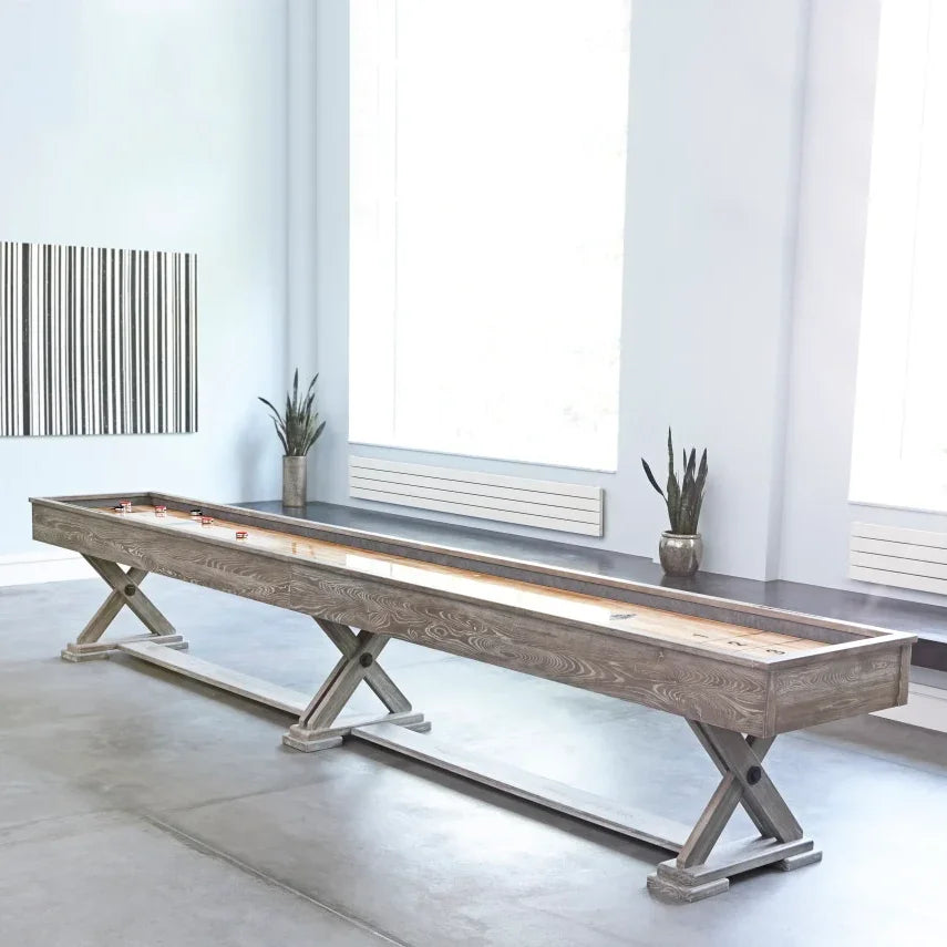 Brunswick Brixton 14 ft Shuffleboard Driftwood In a Bright Room