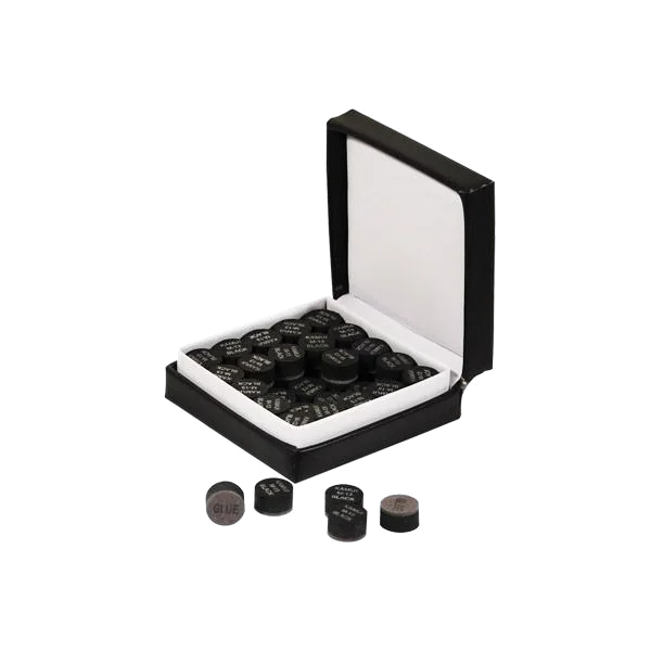 Kamui Black Cue Tips in an Open Black Presentation Box