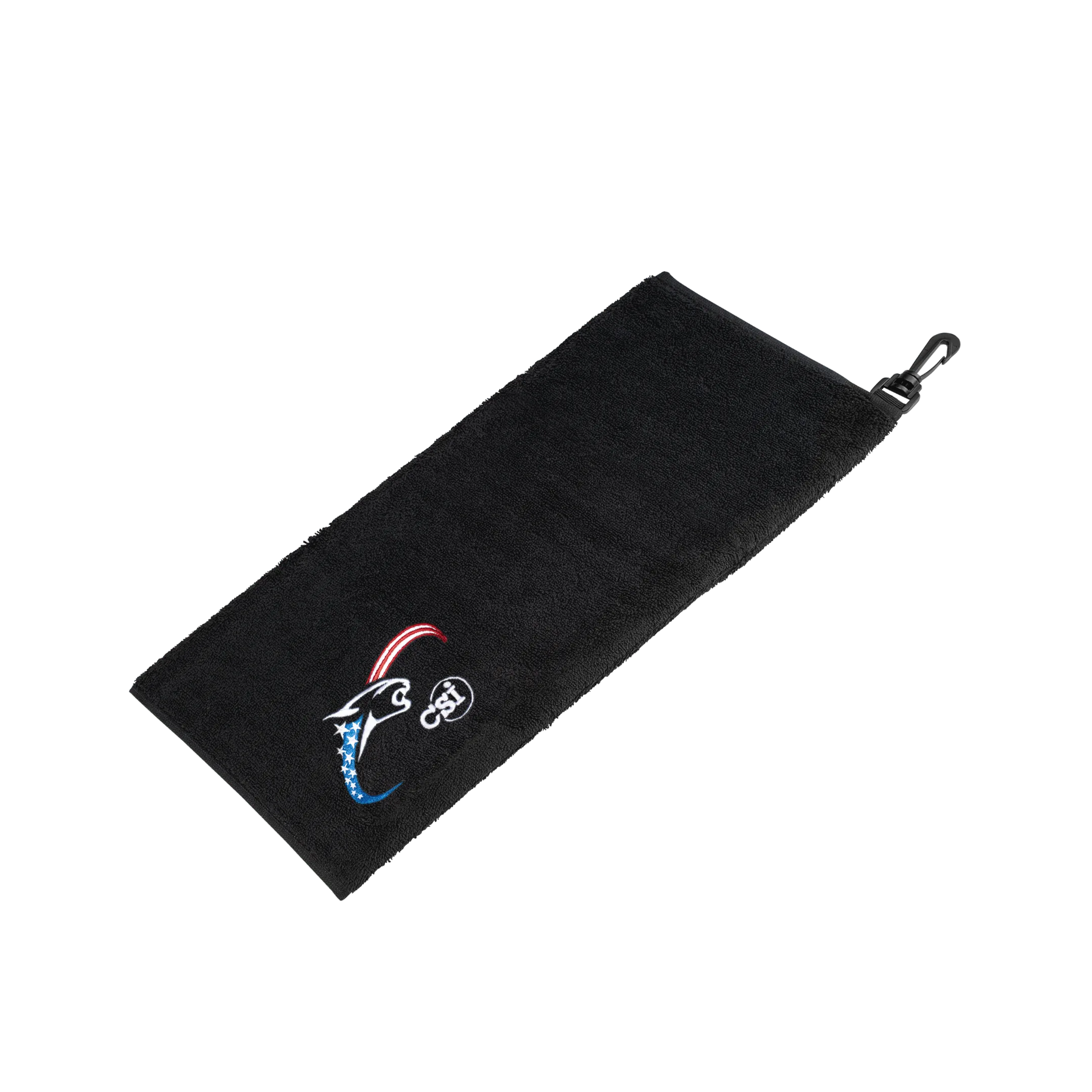 CSI black towel with red, white, and blue cat head