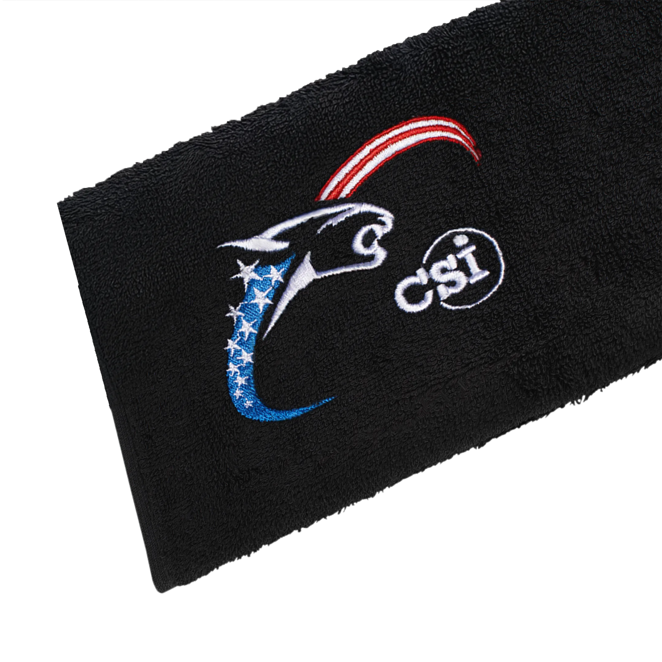 Black towel with red, white, and blue CSI Brand