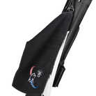Black towel with red, white, and blue CSI Brand Cipped to a Pool Cue Case