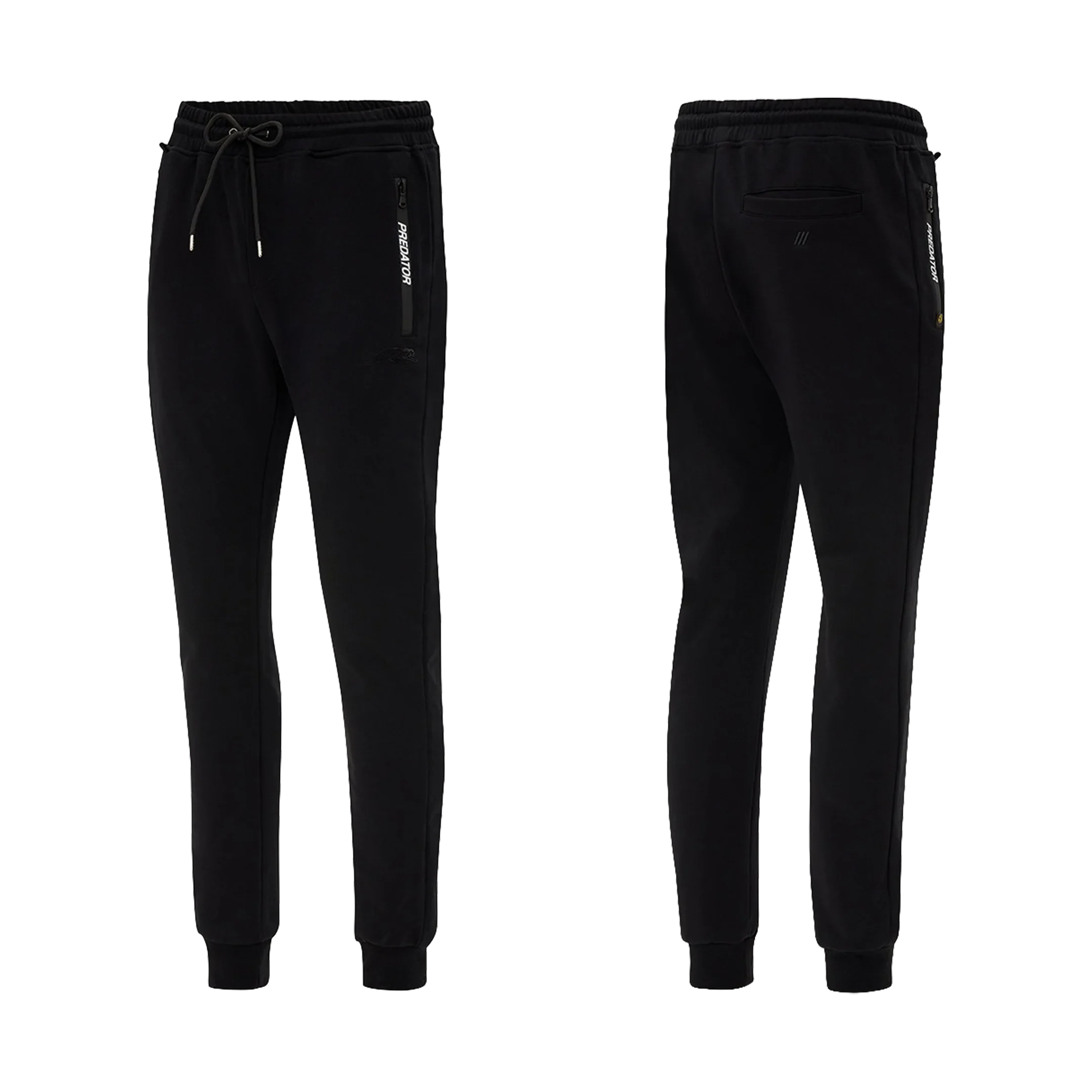 Black jogger pants with a white PREDATOR text
