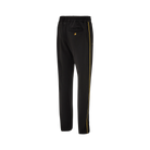 Black jogging pants with single yellow stripe and emblem on back pocket 