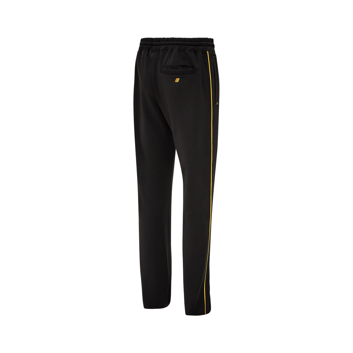Black jogging pants with single yellow stripe and emblem on back pocket 