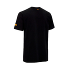 Back view of black t-shirt yellow cat head graphic