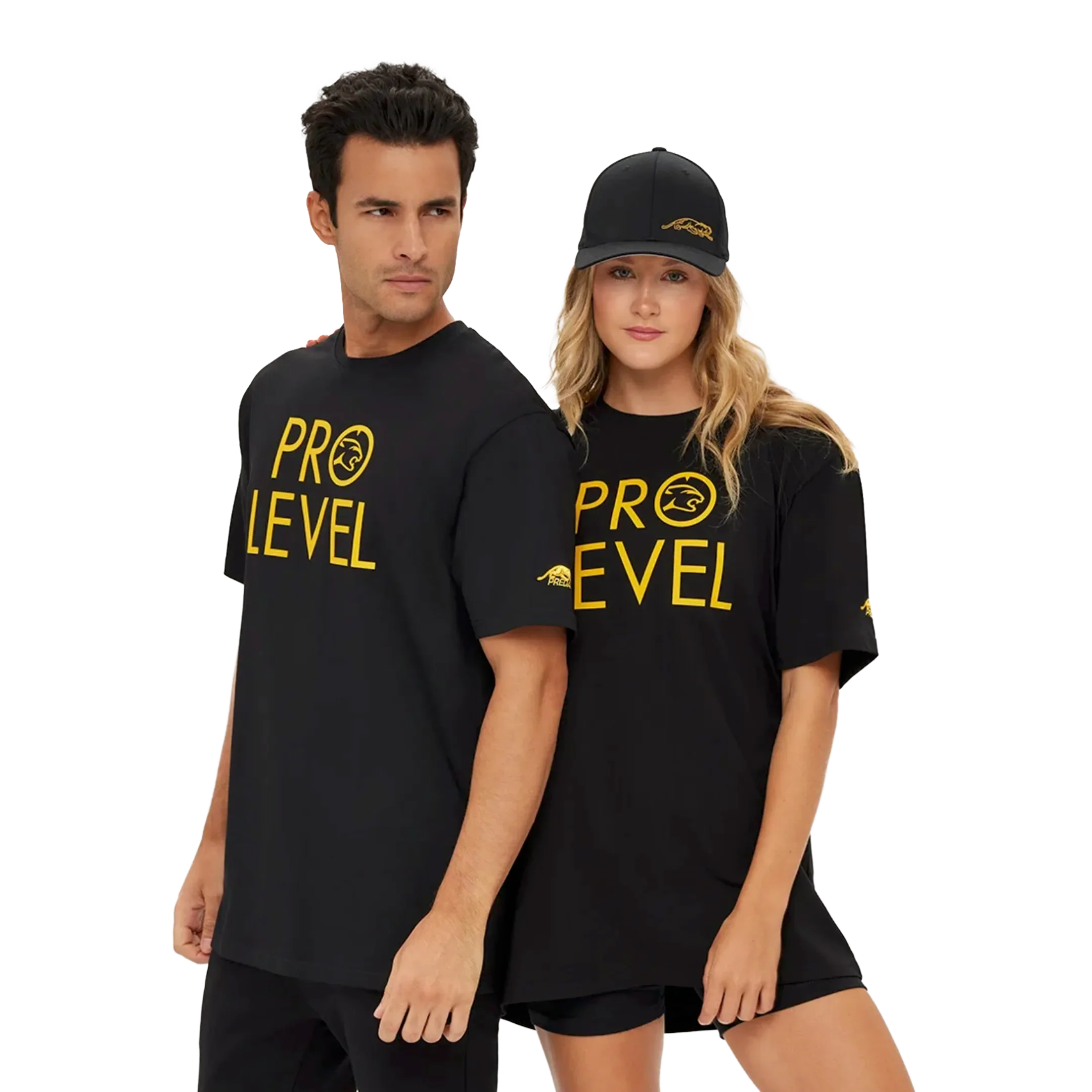 Two people wearing  'PRO LEVEL' t-shirts