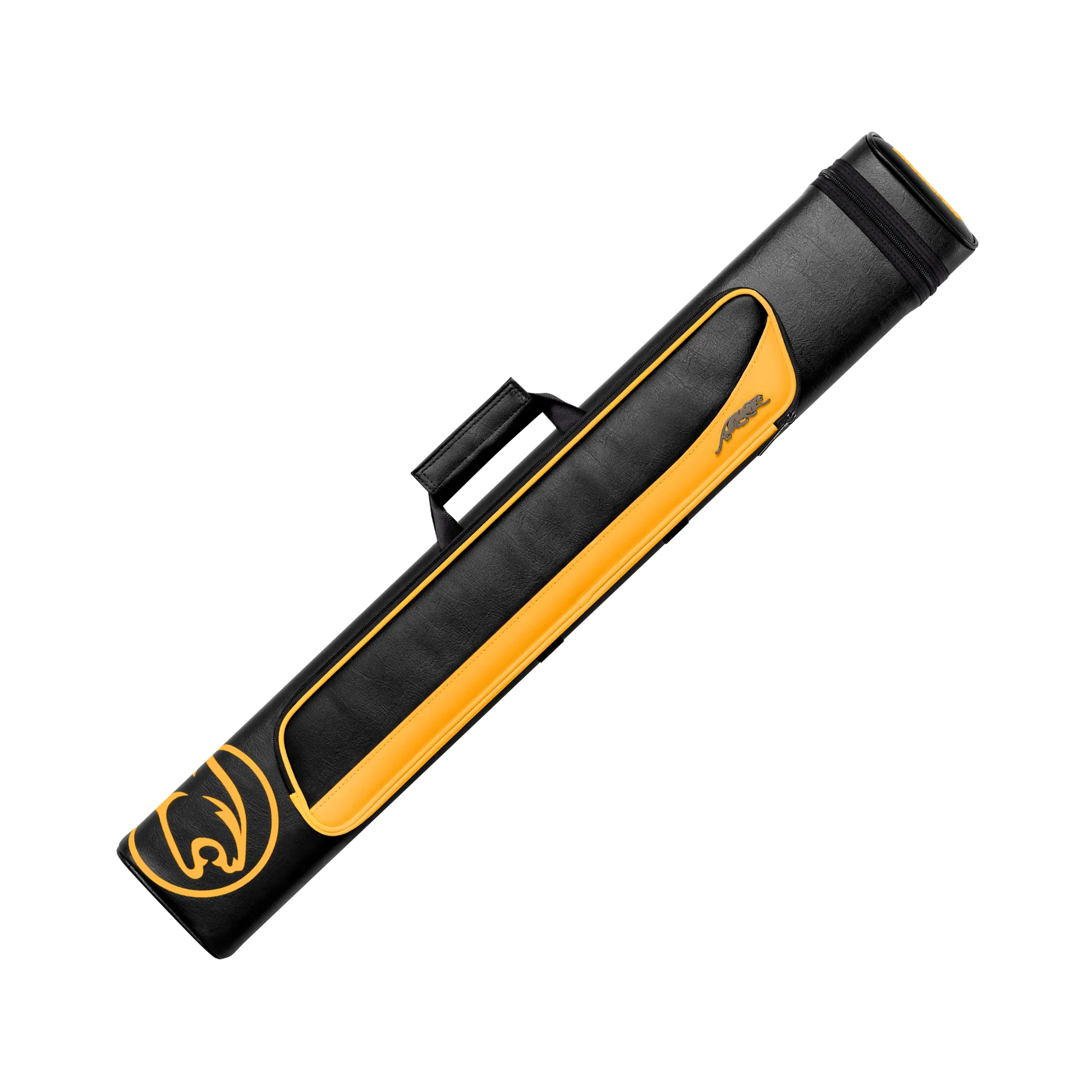 Black and yellow pool cue case with a cat head circle branding
