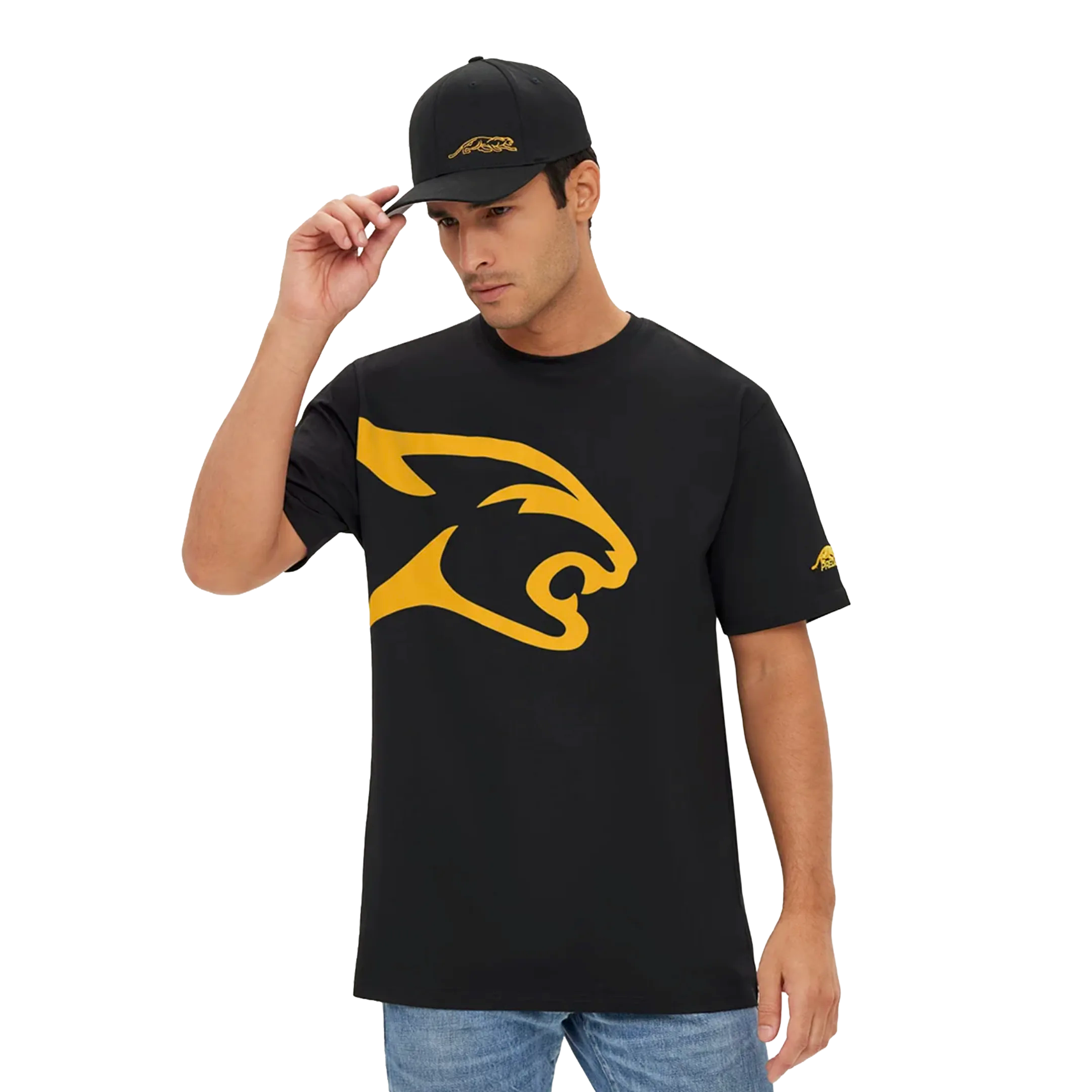 Man Wearing Black Tshirt with Yellow Cat Head Design