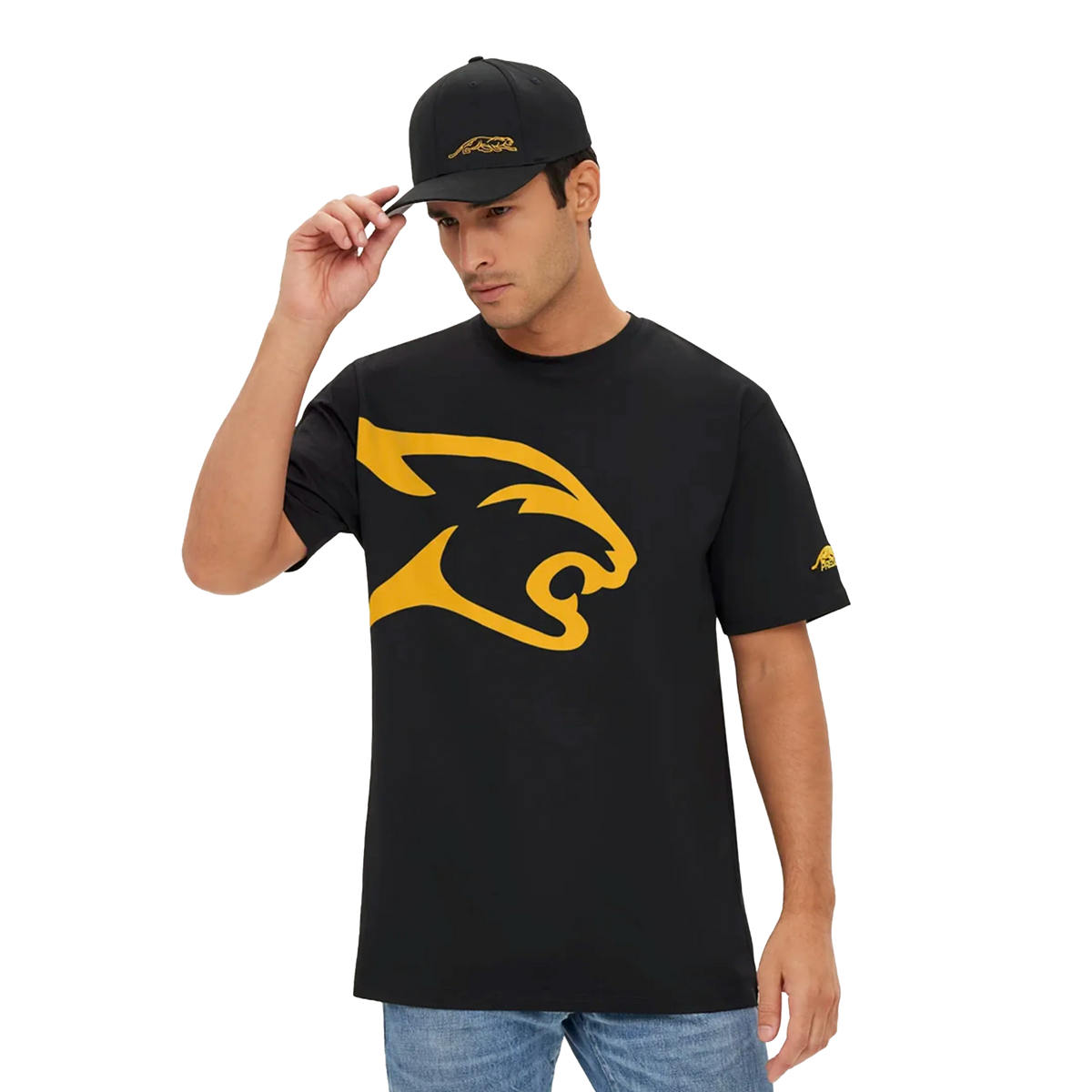 Man Wearing Black Tshirt with Yellow Cat Head Design