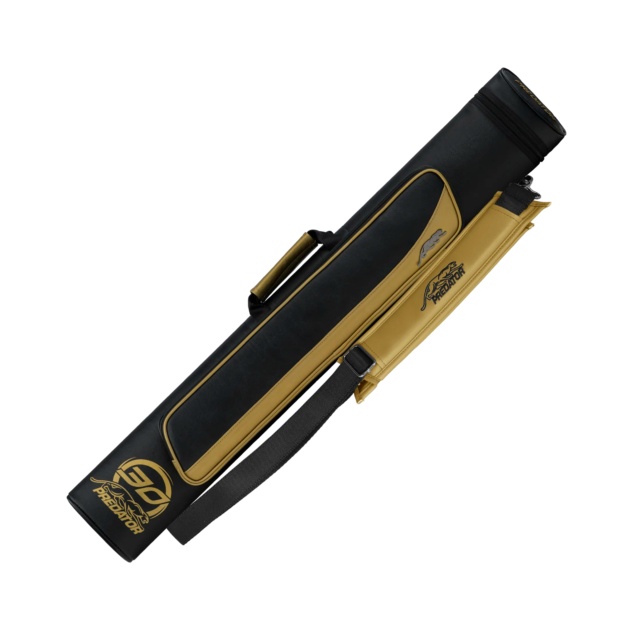 Black and gold pool cue case with PREDATOR branding