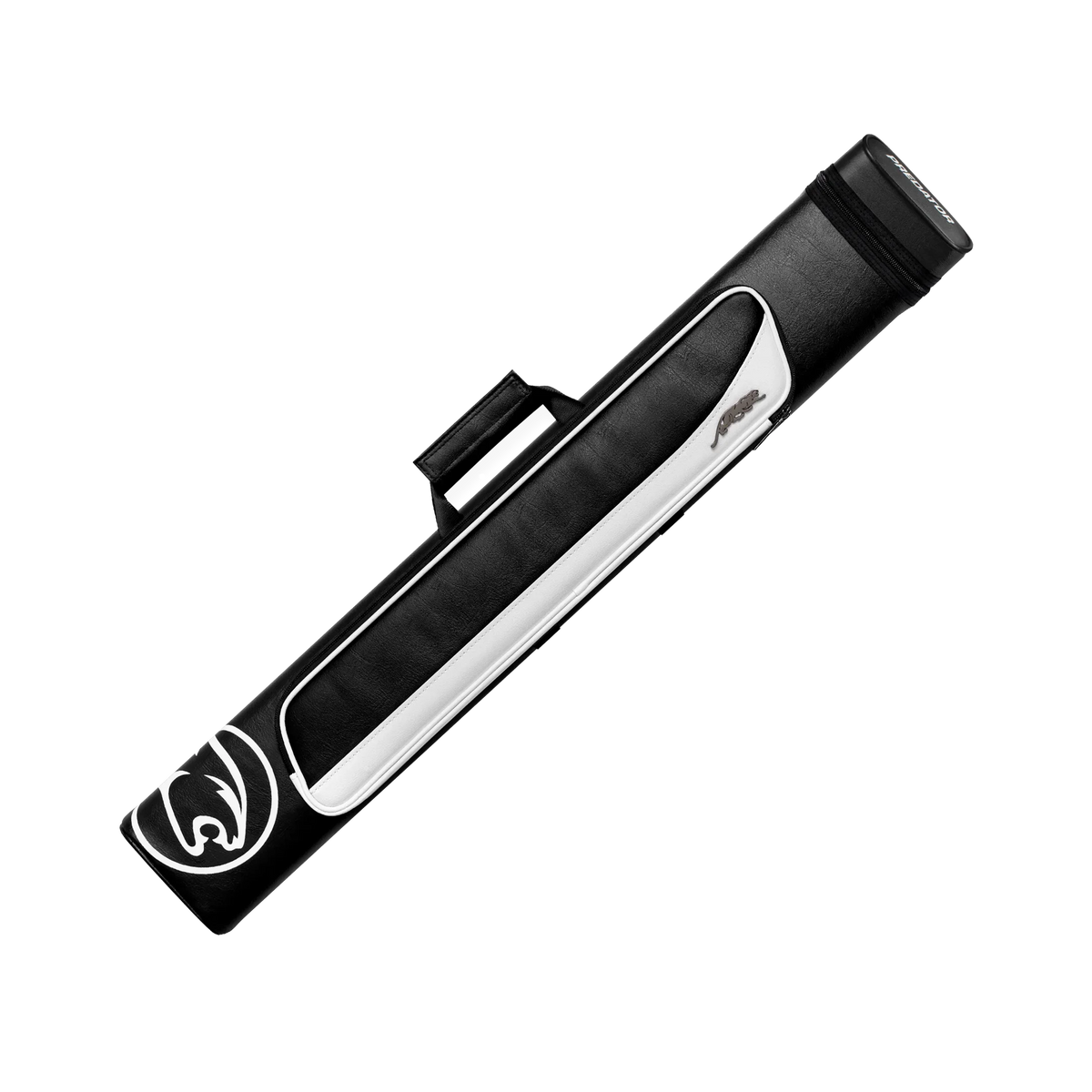Black and white pool cue case with a cat head circle branding