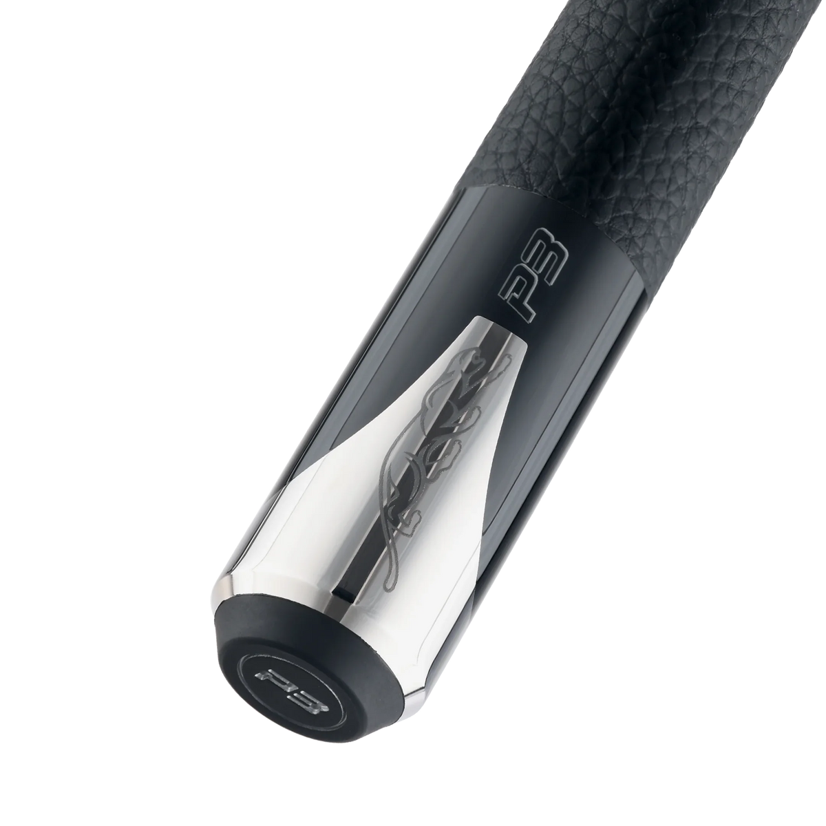 P3 Black Pool Cue Luxe Leather Wrap Butt Closeup