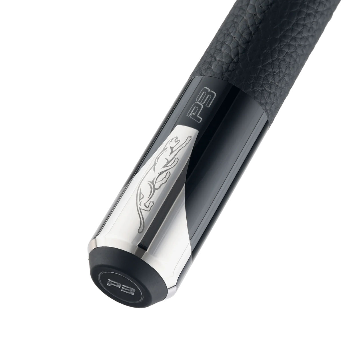 P3 Black Pool Cue Luxe Leather Wrap Butt Closeup Rotated