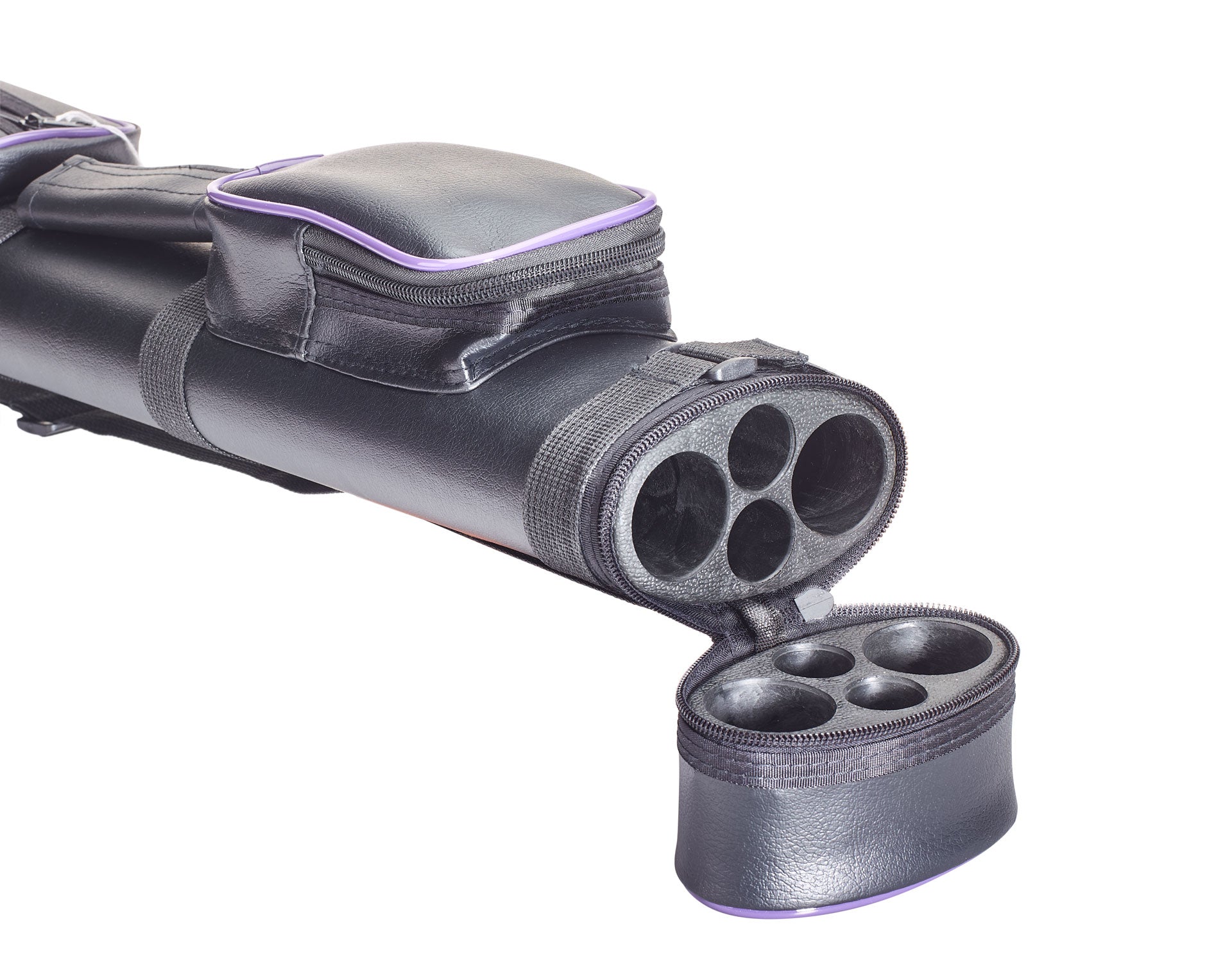 Cyber Oval 2x2 Black/Purple Hard Pool Cue Case With Shoulder Strap Open