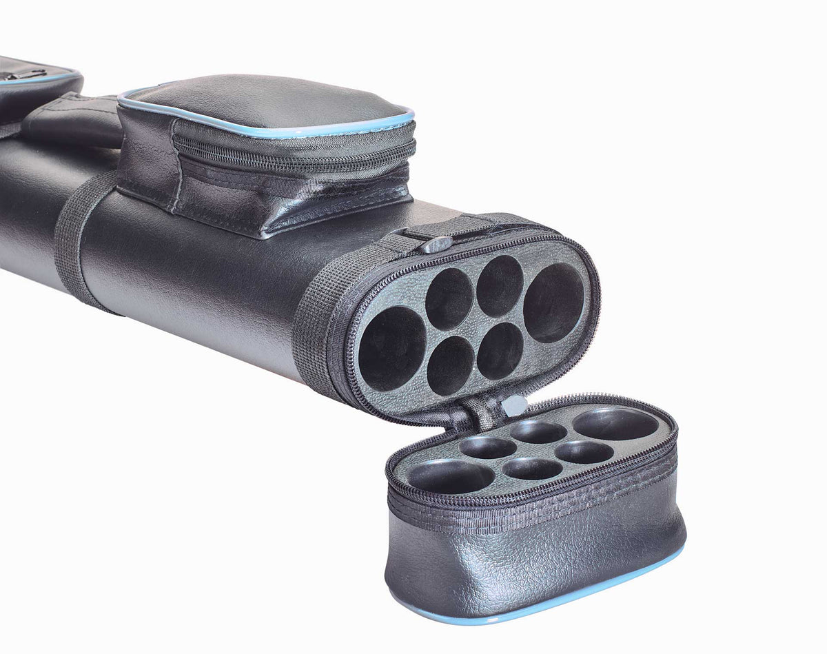 Cyber Oval 2x4 Black/Blue Hard Pool Cue Case With Shoulder Strap Open