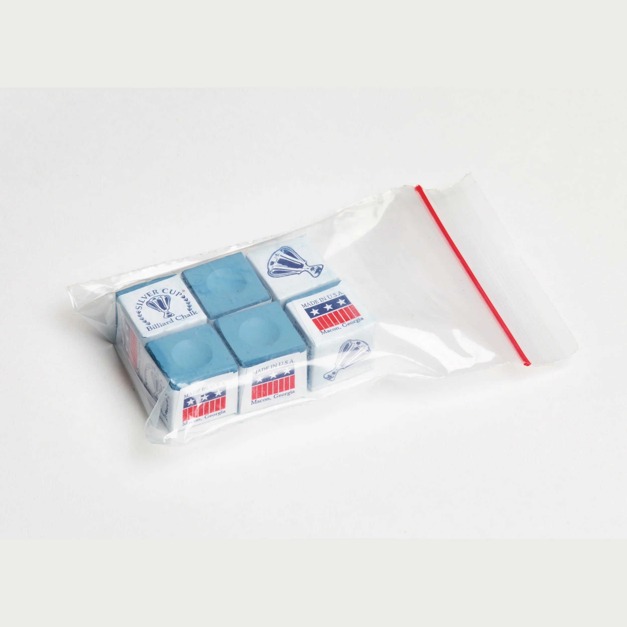 Six Cubes of Silver Cup Powder Blue Billiard Chalk in a Clear Zip Bag