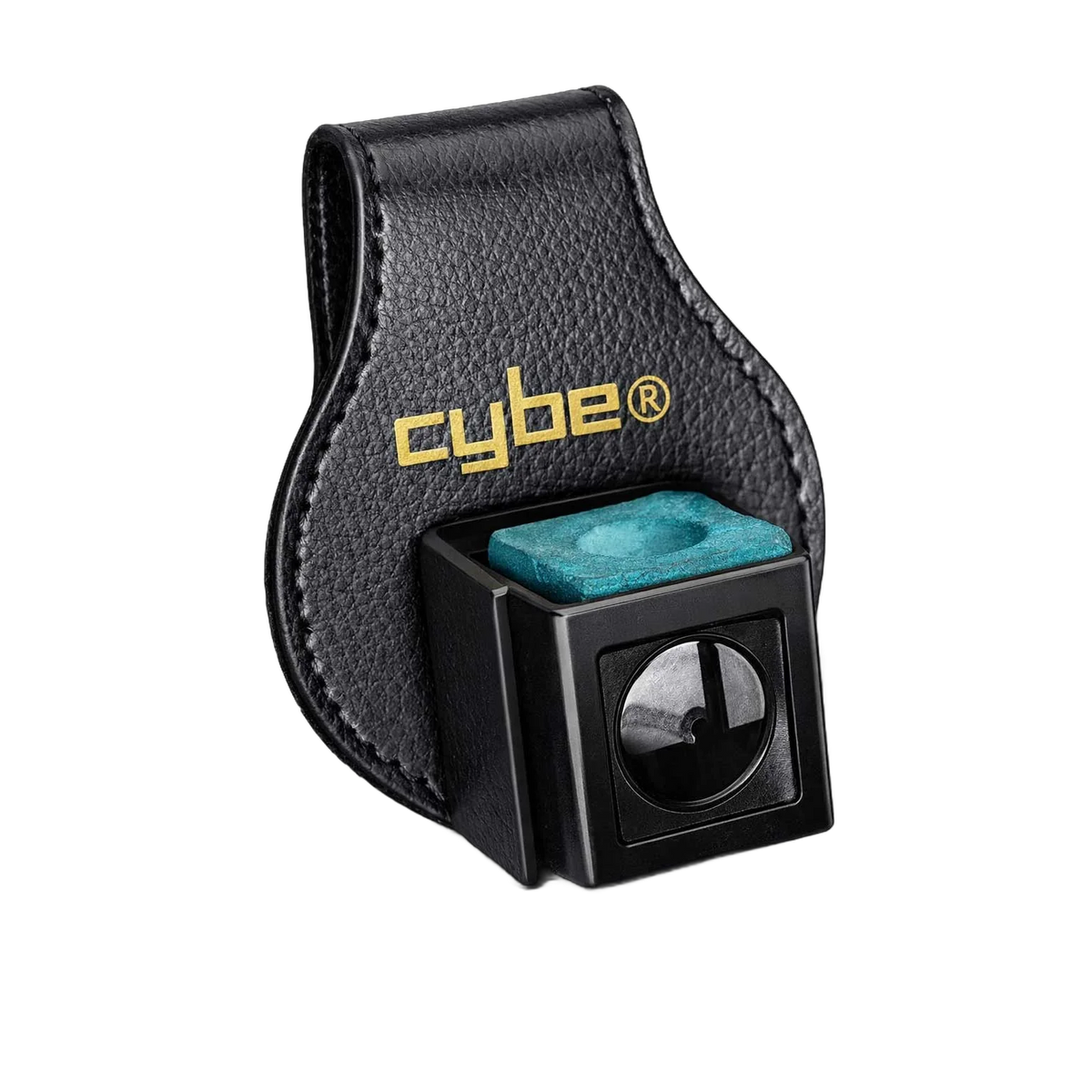 Black Leather Magnetic Chalk Holder with Cyber Logo, Holding a Blue Chalk Cube