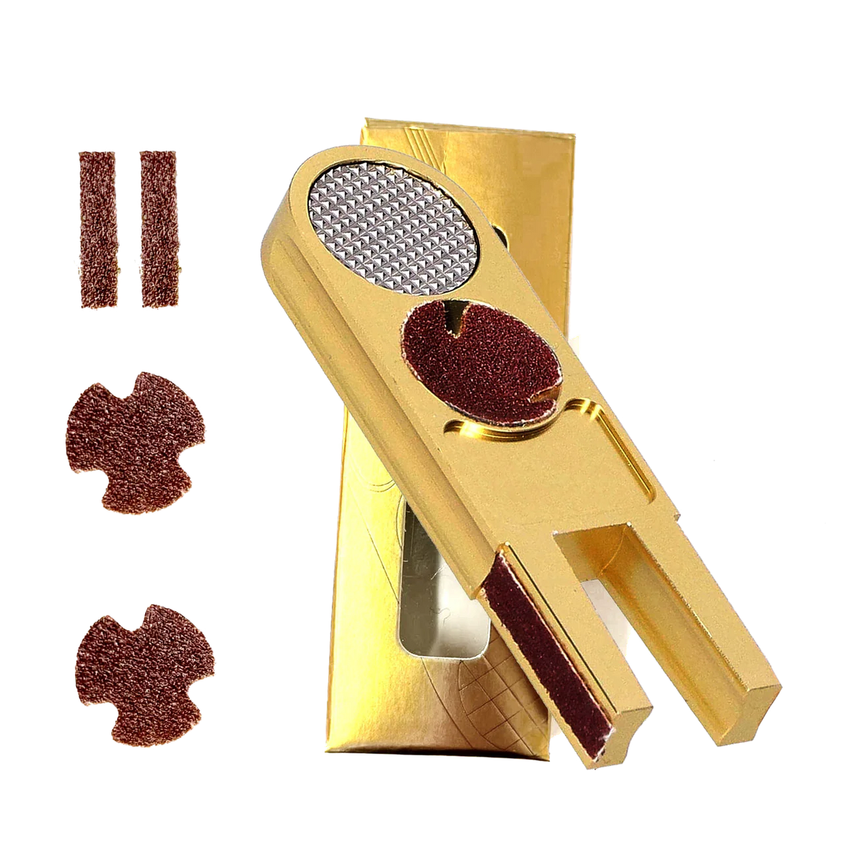Gold Multi-Function Cue Tip Tool With Scuffer, Sanding Pads and Replacement Abrasives