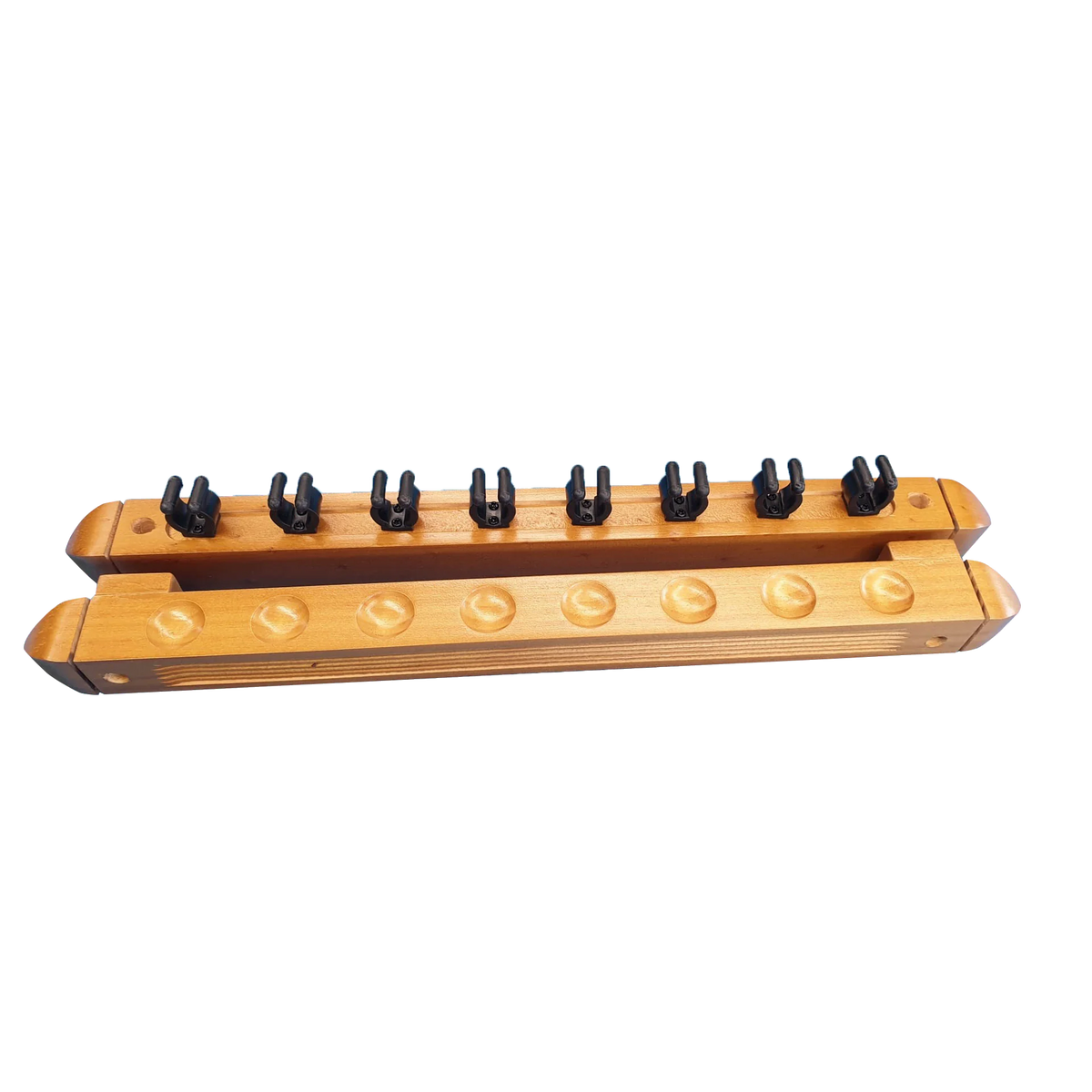Antik Wall-Mounted Cue Rack For 8 Cues In Chestnut Wood, With Eight Black Cue Clips