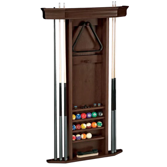 Brunswick Heritage Cue Wall Rack in Espresso With Cues, Rack and Pool Balls
