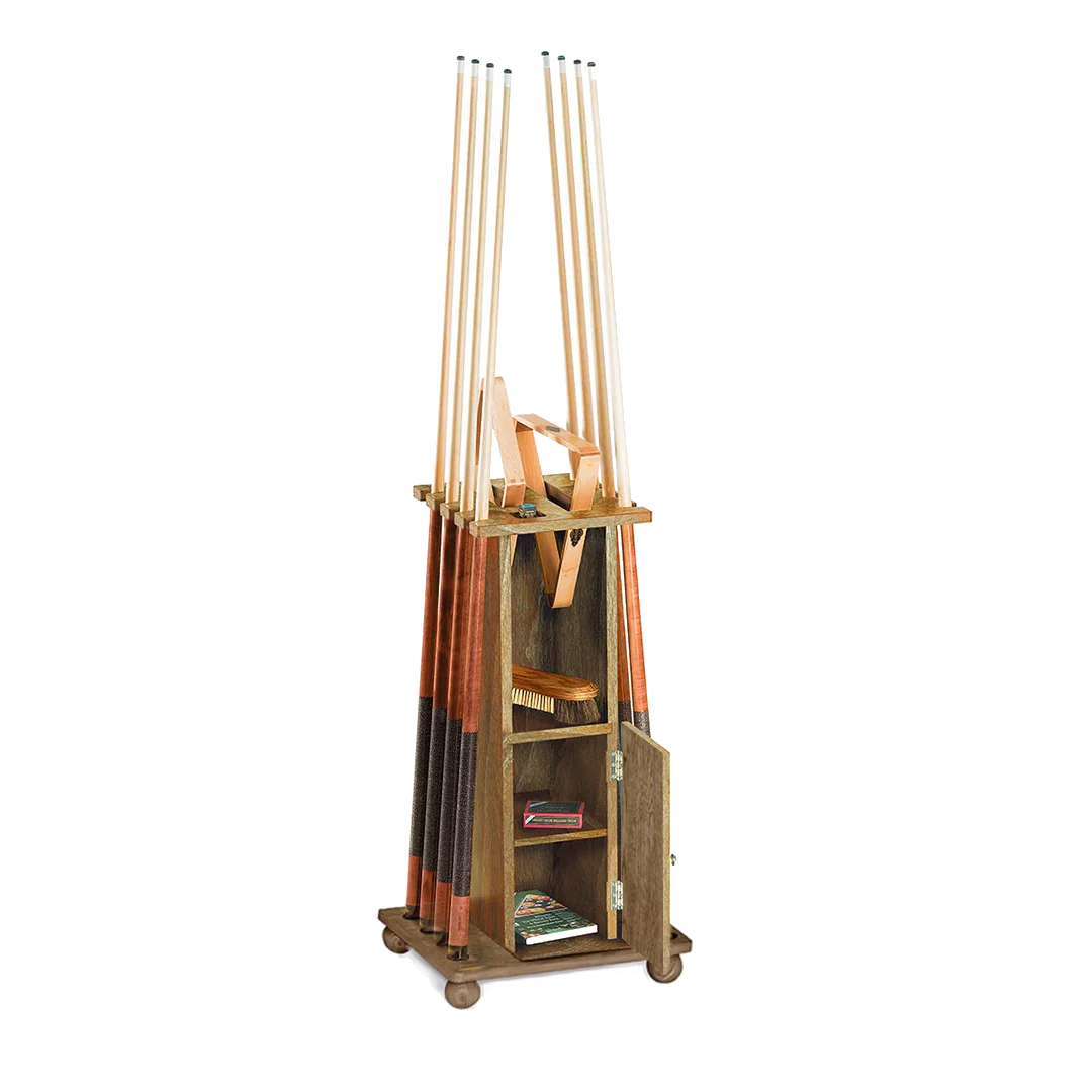 Brunswick Heritage Floor Cue Rack In Rustic Dark Brown With The Storage Door Open
