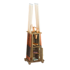 Brunswick Heritage Floor Cue Rack In Rustic Dark Brown With The Storage Door Open
