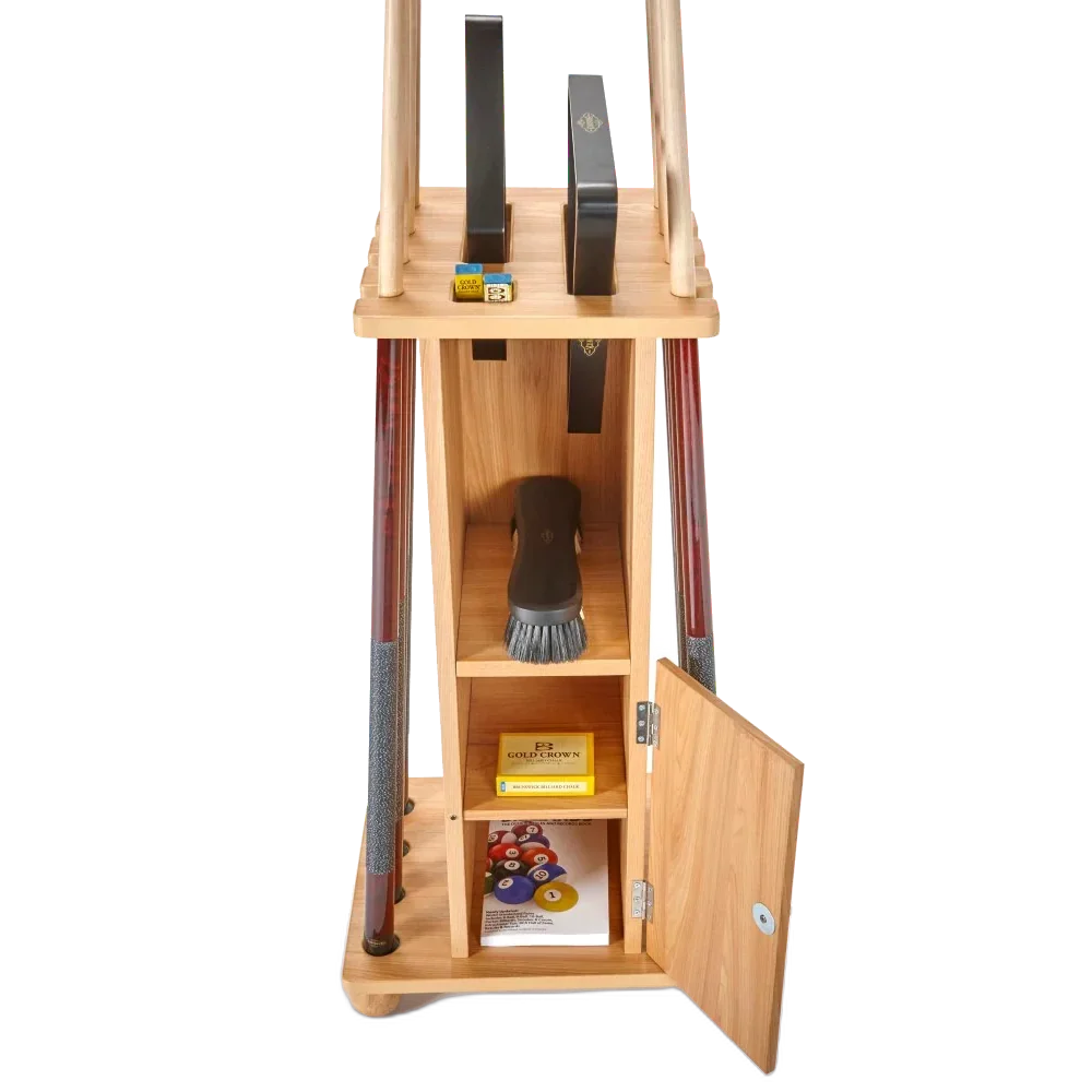 Detail Of The Brunswick Heritage Floor Cue Rack In Natural Hickory, Open Storage