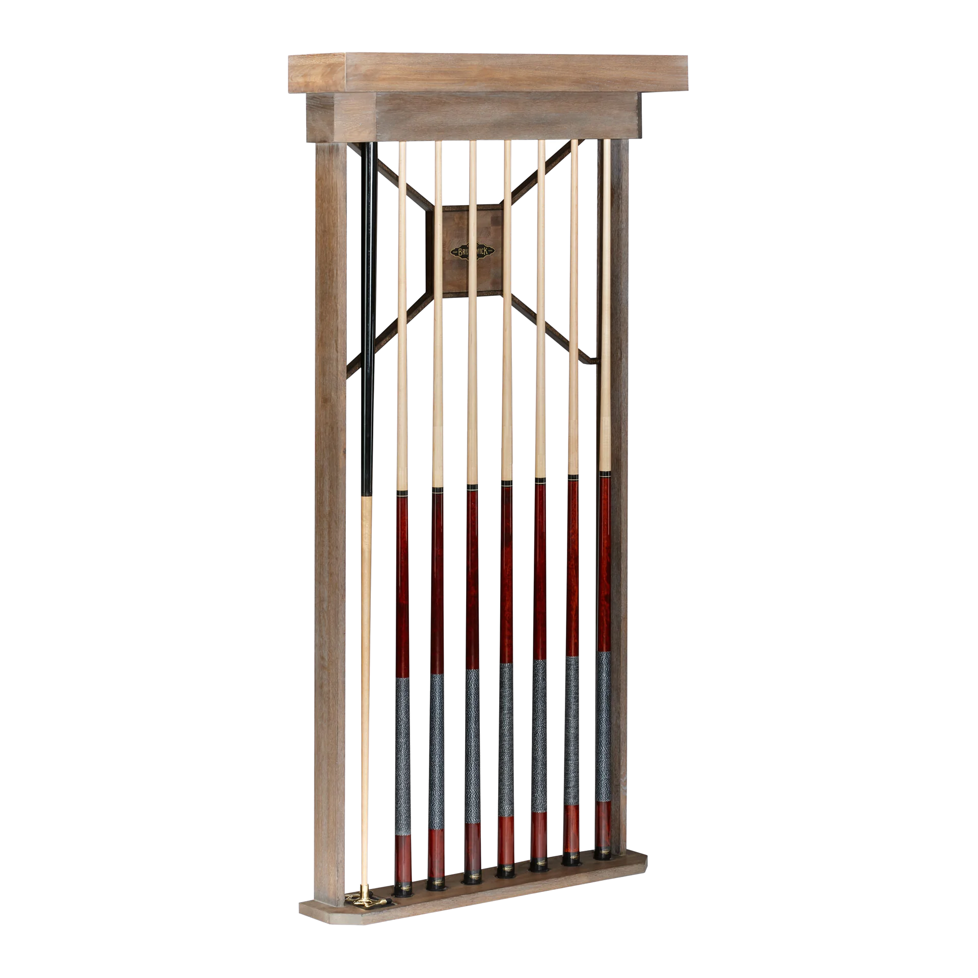 Brunswick Dameron Cue Wall Rack in Nutmeg Holding Eight Cues and a Bridge