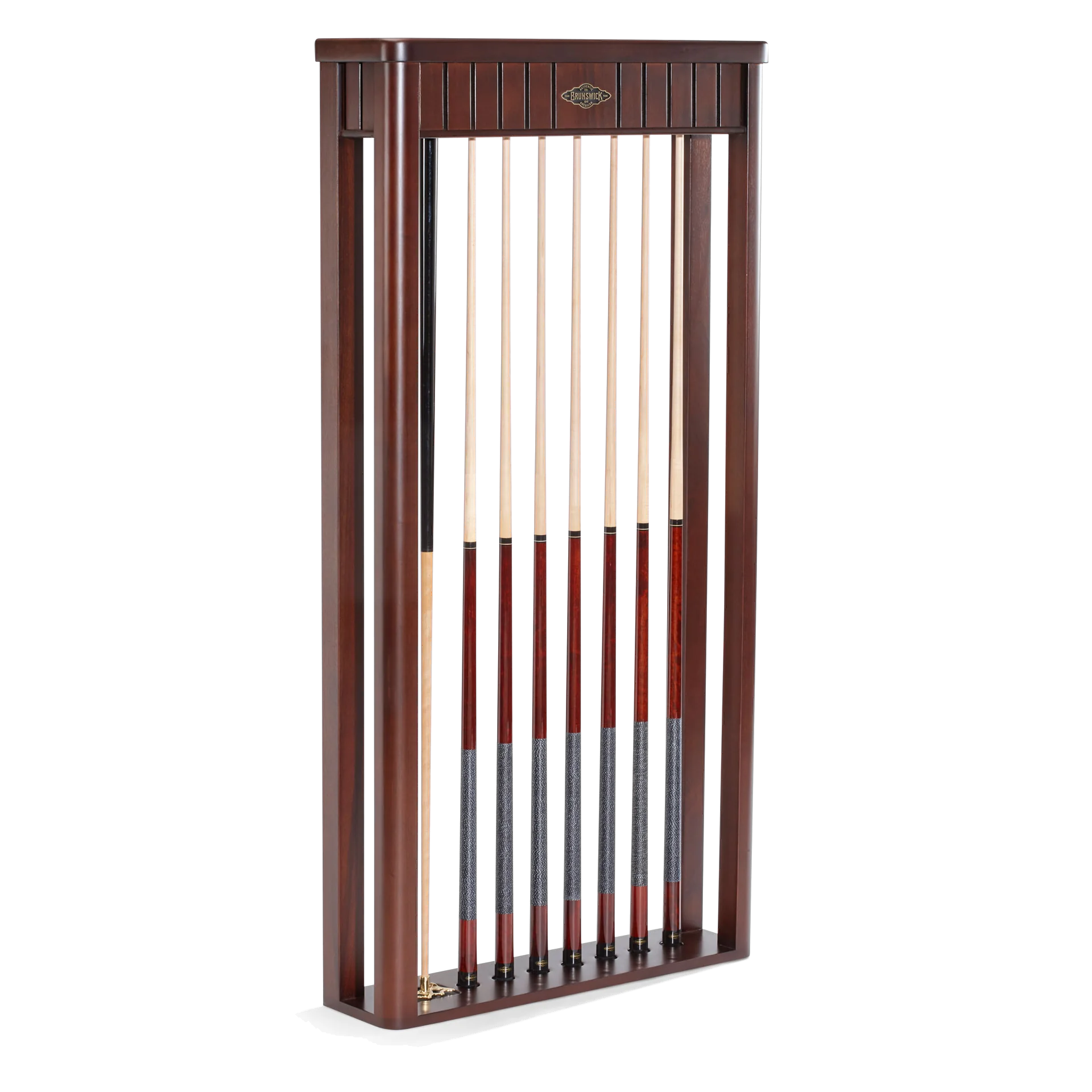 Brunswick Henderson Cue Wall Rack in Espresso Holding Eight Cues and a Bridge