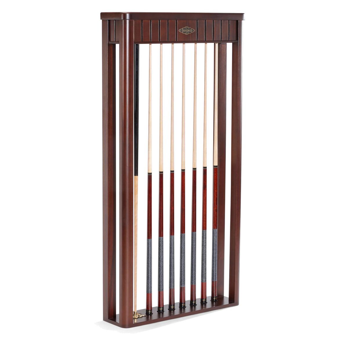 Brunswick Henderson Cue Wall Rack in Espresso Holding Eight Cues and a Bridge