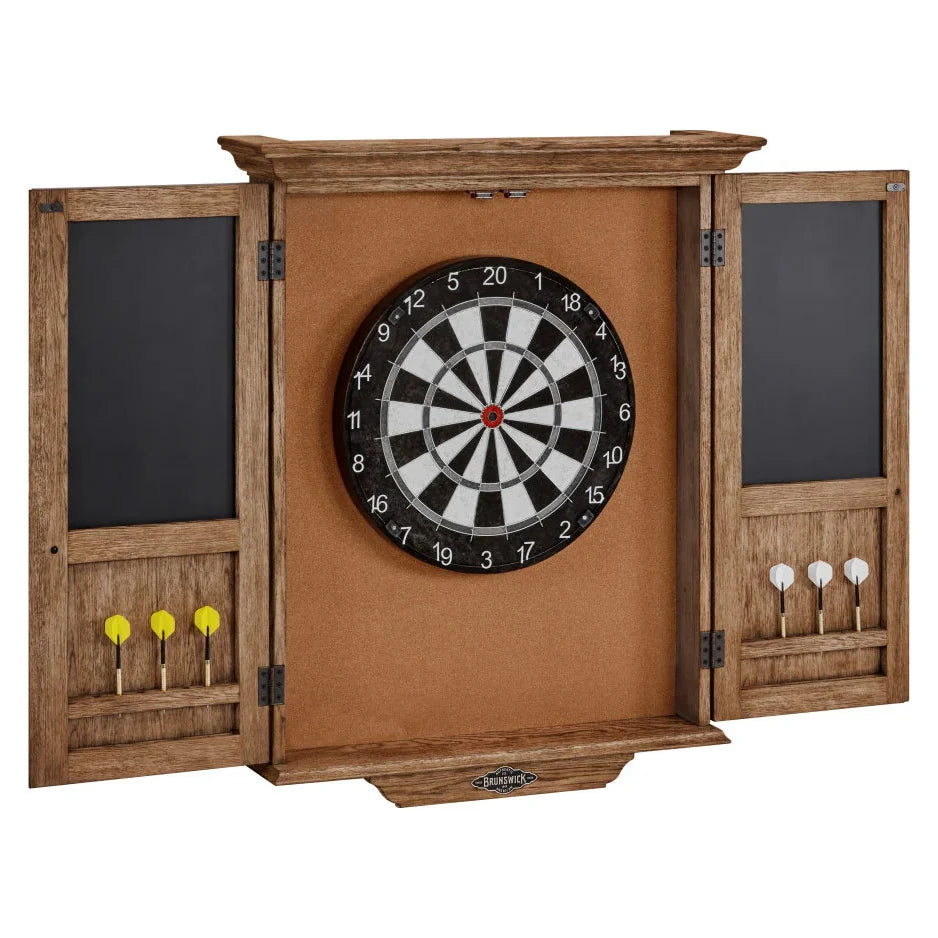 Brunswick Dartboard Cabinet Open with Darts Rustic Dark Brown