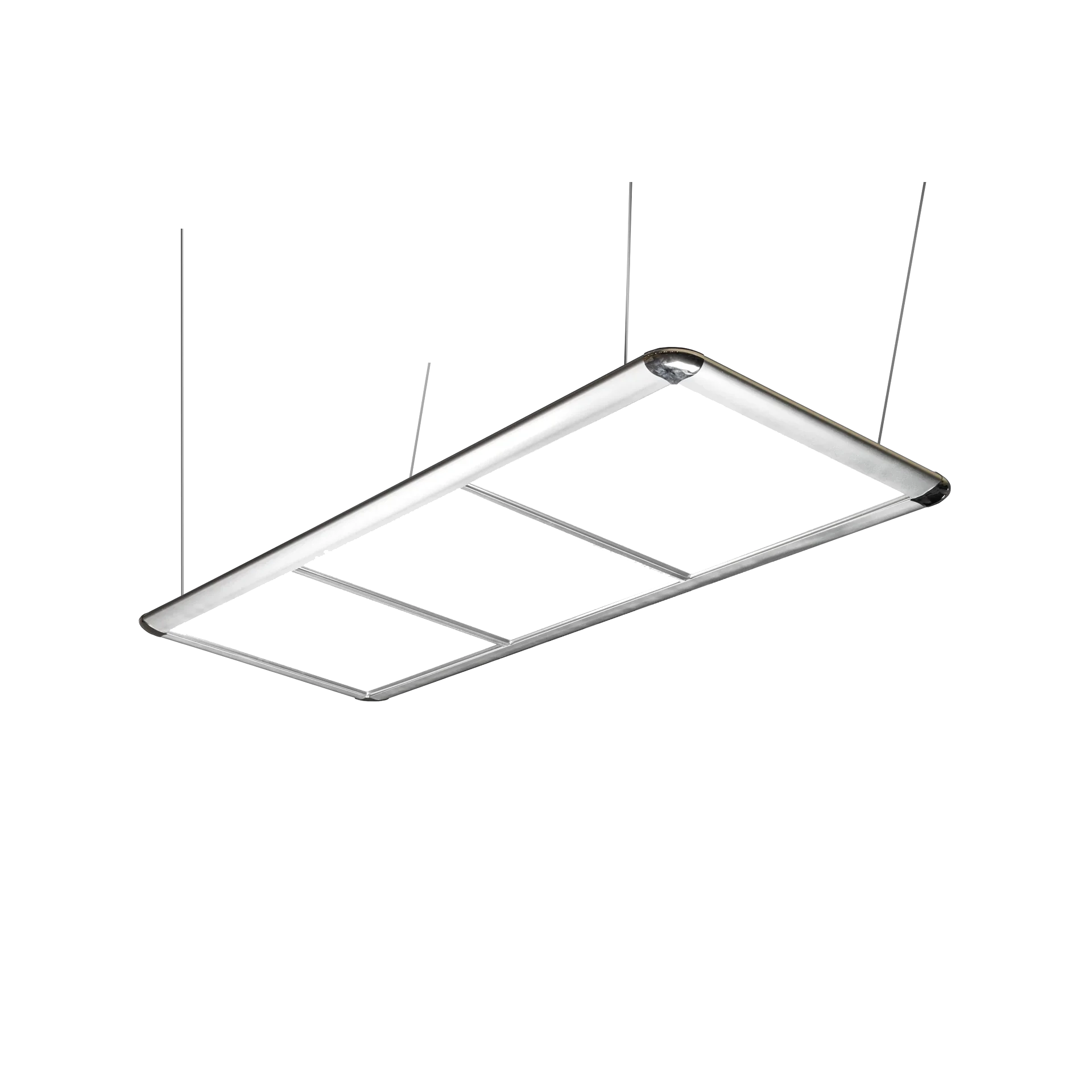 LED Flat Panel Billiard Lamp With Three Light Panels in a Silver Frame, Suspended on Steel Cables