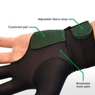 Underside Of The McDermott Billiard Glove Showing The Cushioned Pad, Velcro Wrist Strap And Breathable Mesh Palm