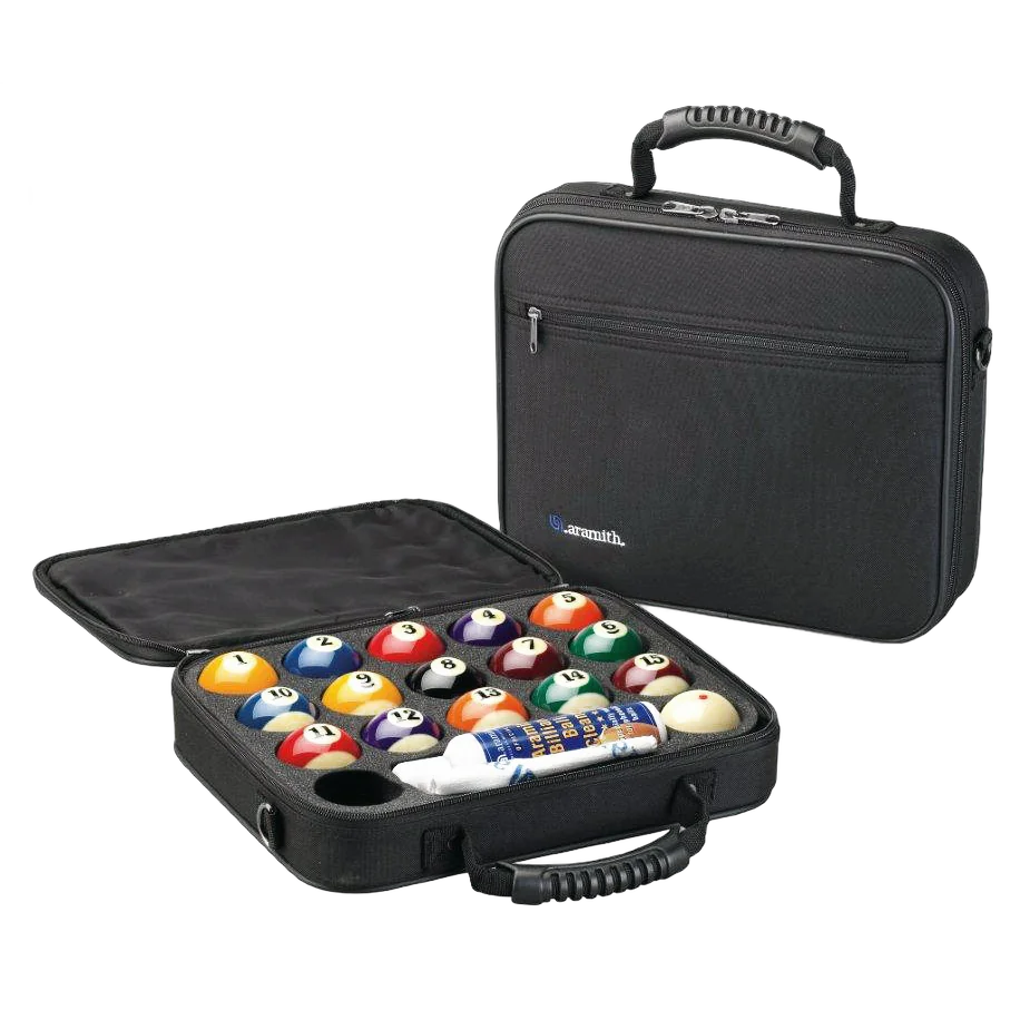 Aramith Super Pro Pool Balls, 57.2 mm, in Open Black Carry Case with Ball Cleaner