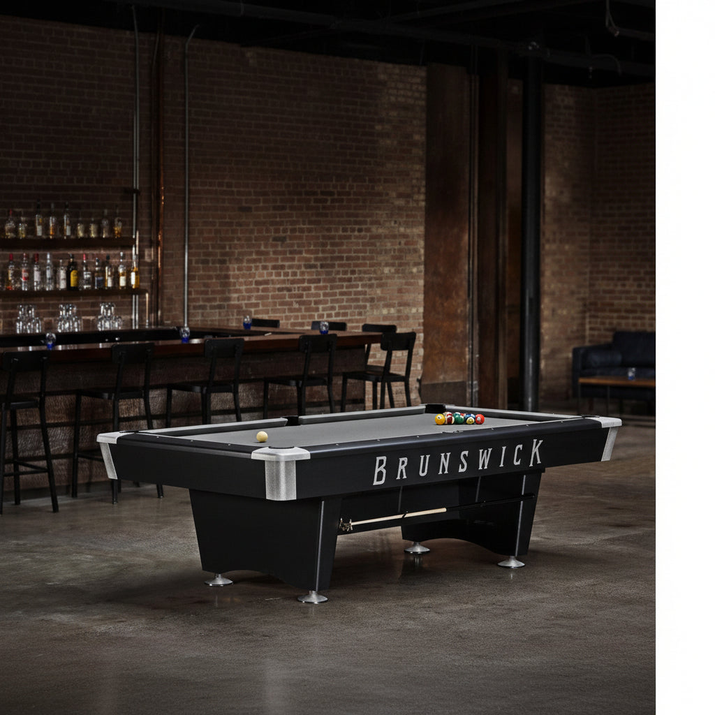 Brunswick pool table in a bar setting with brick walls and wooden furniture.