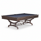 Wooden pool table with a dark green felt surface on a white background