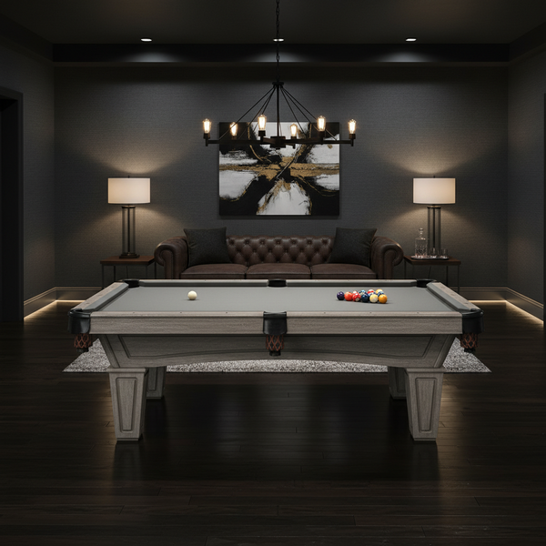 Brunswick Allenton 8FT Driftwood Billiard Table In a Living Room