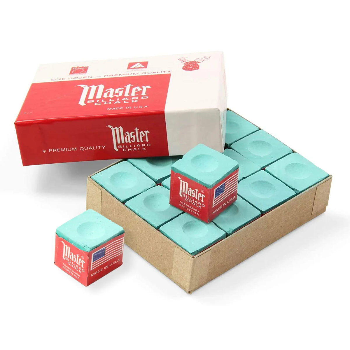 Master Green Billiard Chalk, 12 Pieces, in Open Box with Lid and Two Loose Cubes